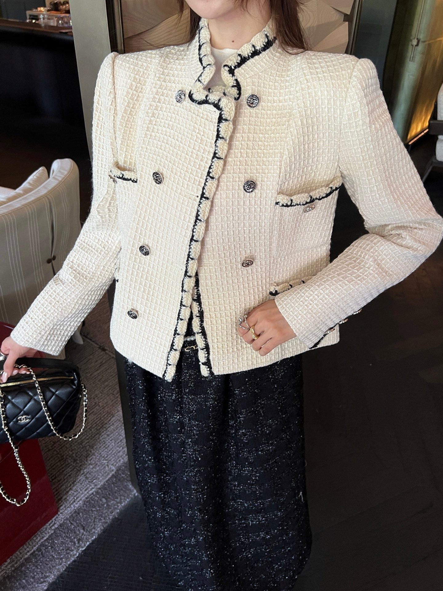 C 25 New double-breasted woven tape trim design stand collar jacket