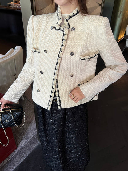 C 25 New double-breasted woven tape trim design stand collar jacket