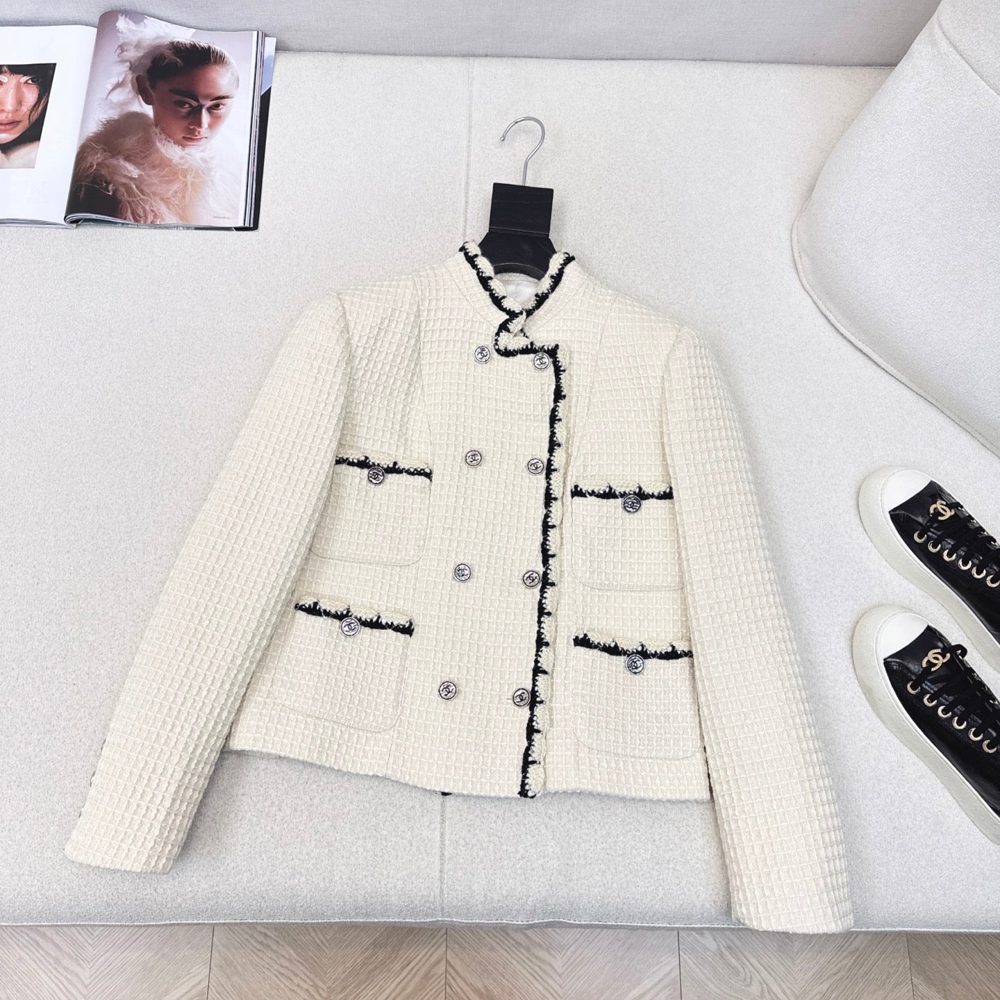 C 25 New double-breasted woven tape trim design stand collar jacket