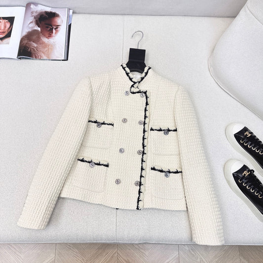 C 25 New double-breasted woven tape trim design stand collar jacket