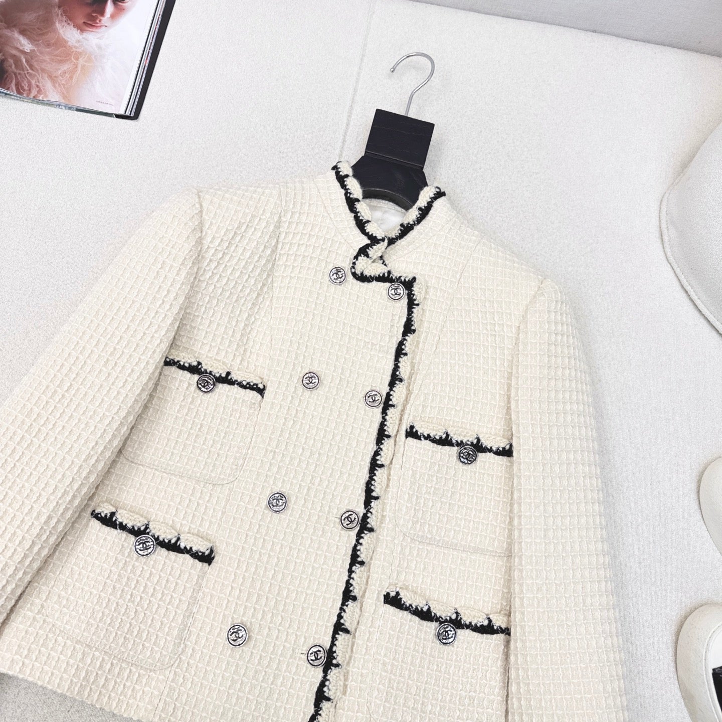 C 25 New double-breasted woven tape trim design stand collar jacket