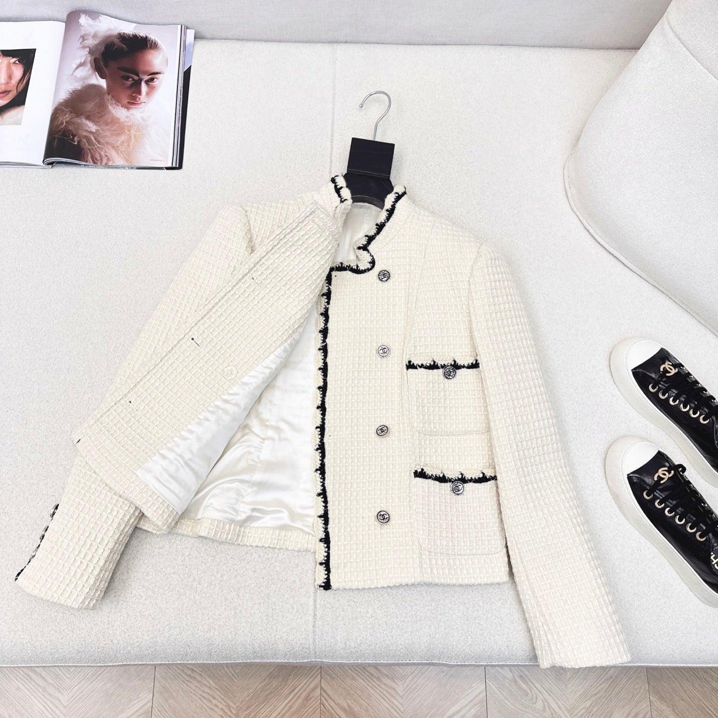 C 25 New double-breasted woven tape trim design stand collar jacket