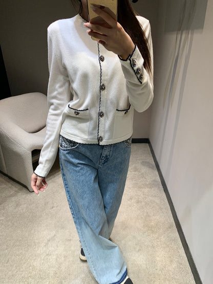 C 25B High-end Handicraft Series Double Pocket Round Neck Knit Cardigan
