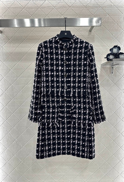 C 25 Woven Tweed Banded Hem Long Coat Dress