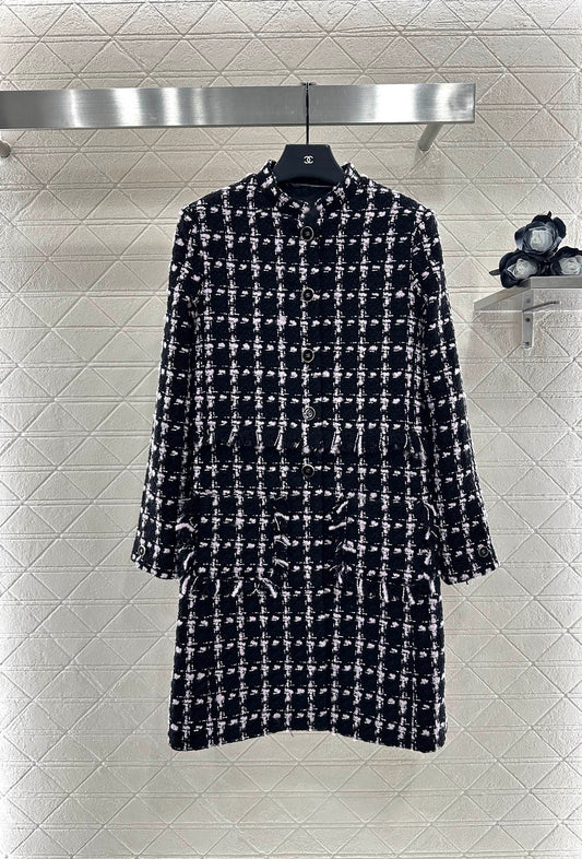 C 25 Woven Tweed Banded Hem Long Coat Dress