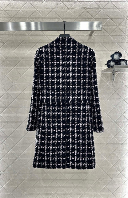 C 25 Woven Tweed Banded Hem Long Coat Dress