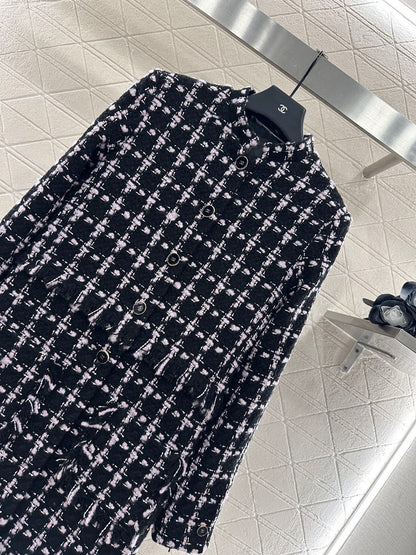 C 25 Woven Tweed Banded Hem Long Coat Dress