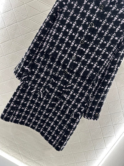 C 25 Woven Tweed Banded Hem Long Coat Dress