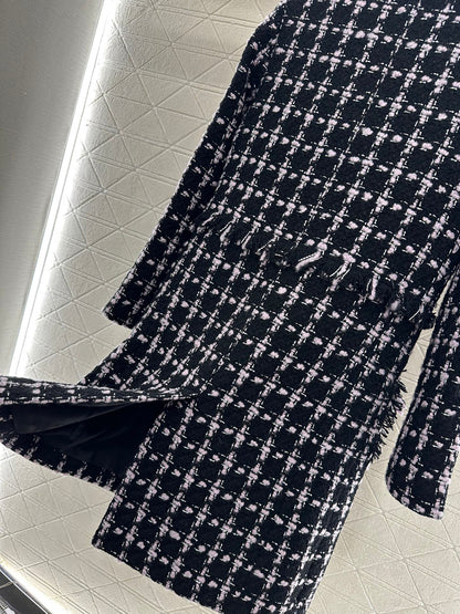 C 25 Woven Tweed Banded Hem Long Coat Dress
