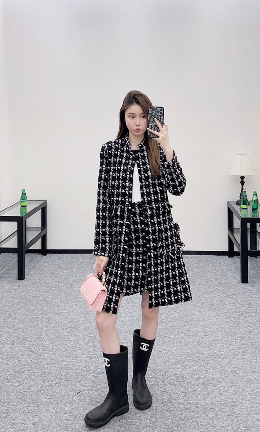 C 25 Woven Tweed Banded Hem Long Coat Dress