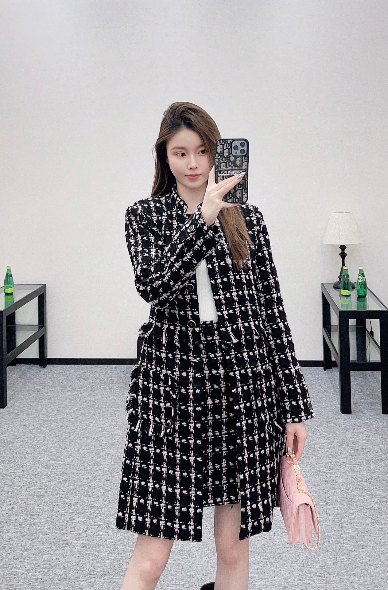 C 25 Woven Tweed Banded Hem Long Coat Dress
