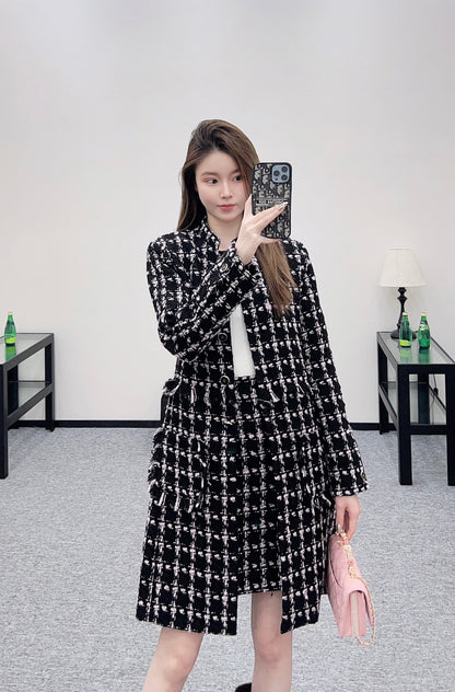 C 25 Woven Tweed Banded Hem Long Coat Dress