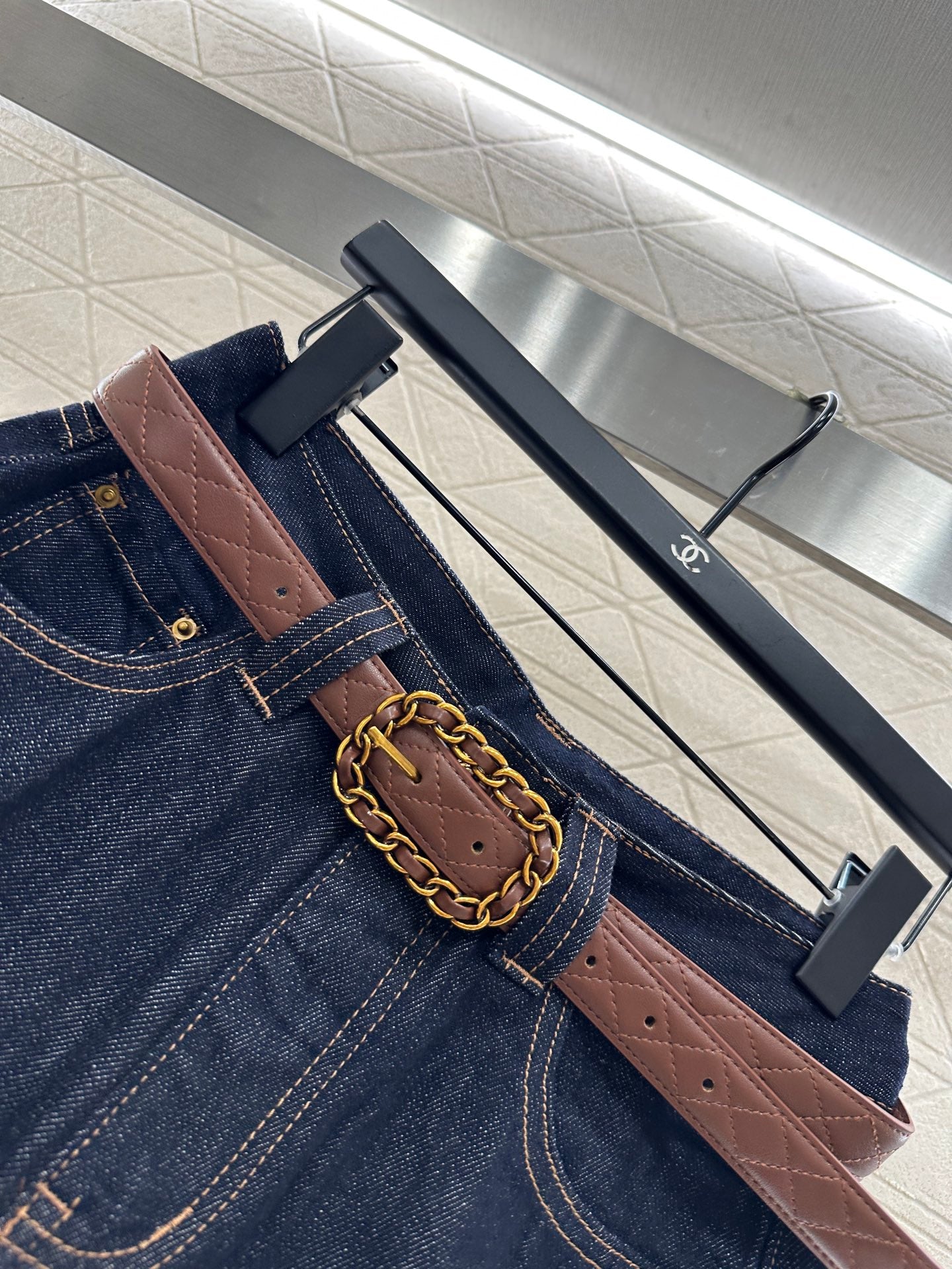 C 25 Belted denim straight-leg trousers