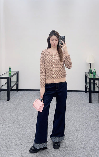L 25 crew neck jacquard knit cardigan