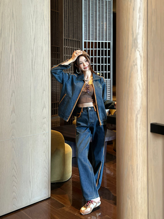 Mi 25 New leather-trimmed denim jacket + trousers set