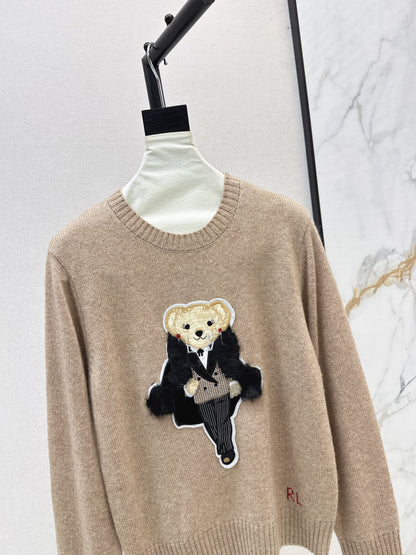 Ral 25 New Bear Embroidered Crew Neck Sweater(white/khaki)