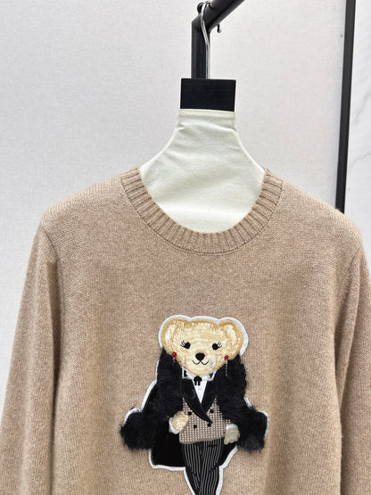 Ral 25 New Bear Embroidered Crew Neck Sweater(white/khaki)