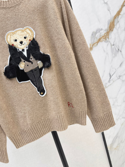 Ral 25 New Bear Embroidered Crew Neck Sweater(white/khaki)