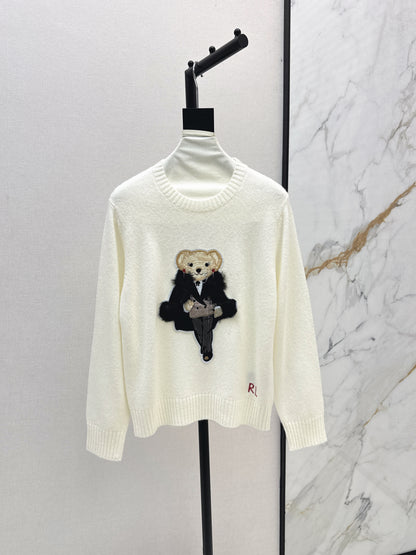 Ral 25 New Bear Embroidered Crew Neck Sweater(white/khaki)