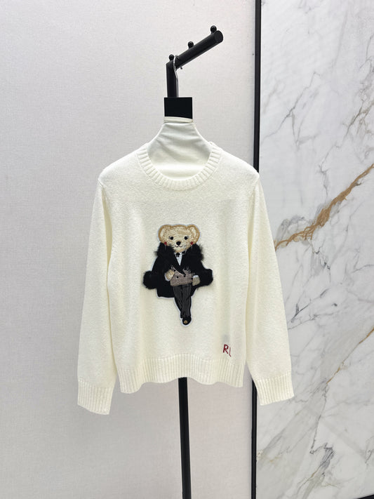 Ral 25 New Bear Embroidered Crew Neck Sweater(white/khaki)