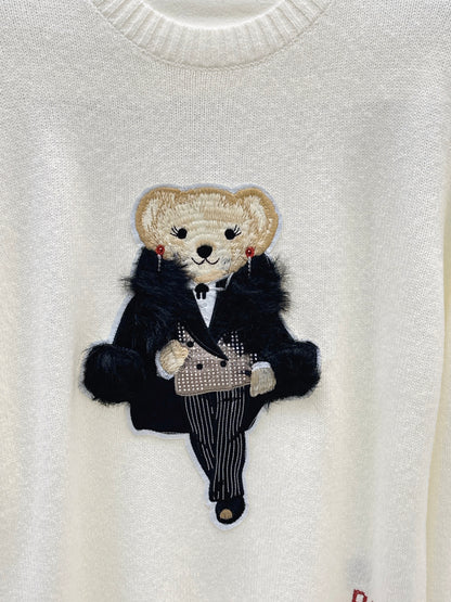 Ral 25 New Bear Embroidered Crew Neck Sweater(white/khaki)