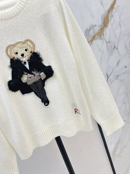 Ral 25 New Bear Embroidered Crew Neck Sweater(white/khaki)