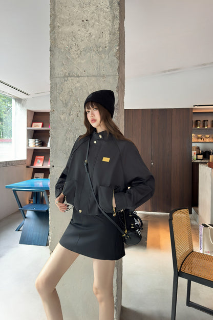 L 25 New style stand collar short windbreaker jacket(black/beige)