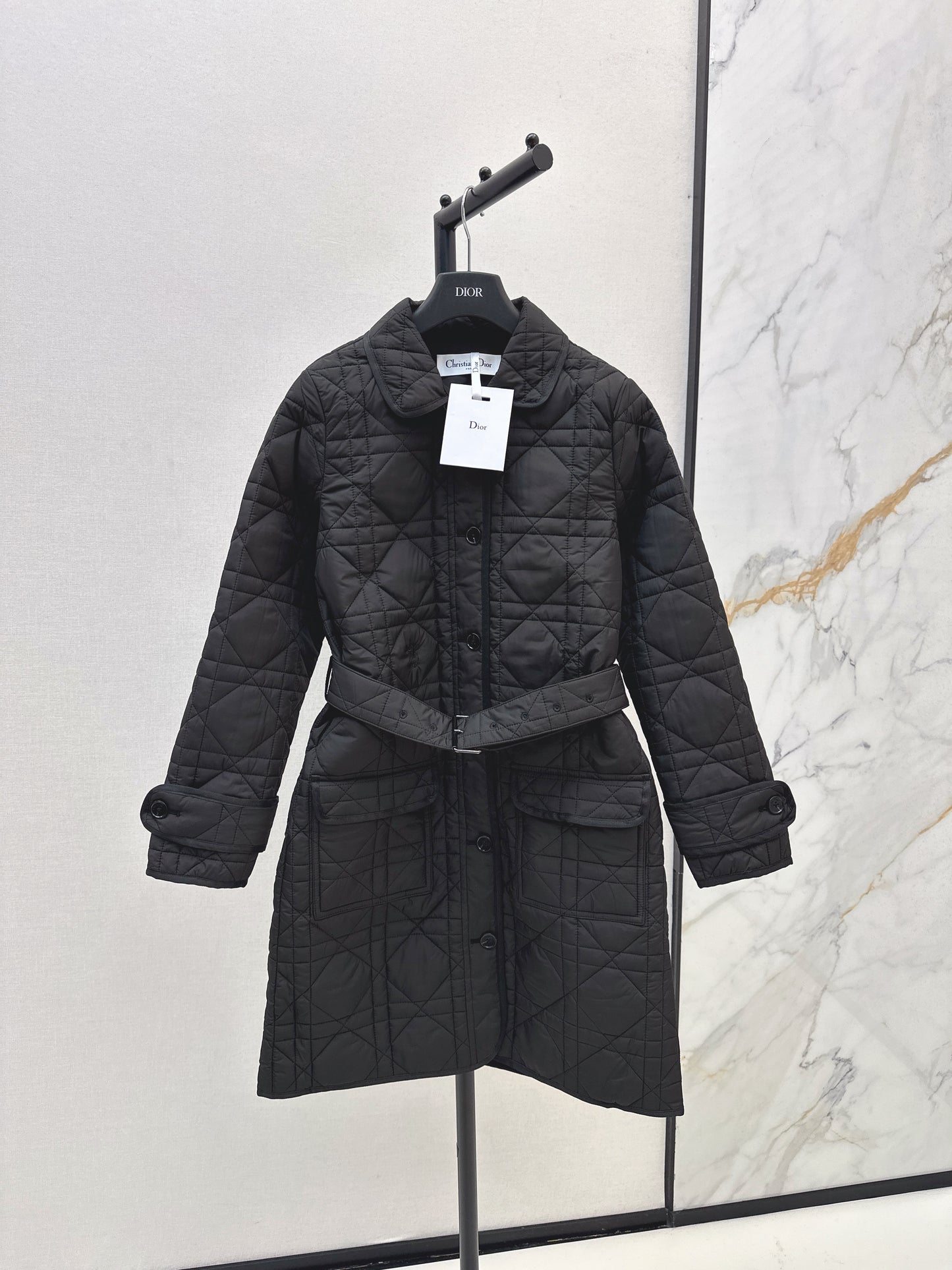 Di 25 Princess Diana rattan check quilted lapel long coat(Khaki/balck)