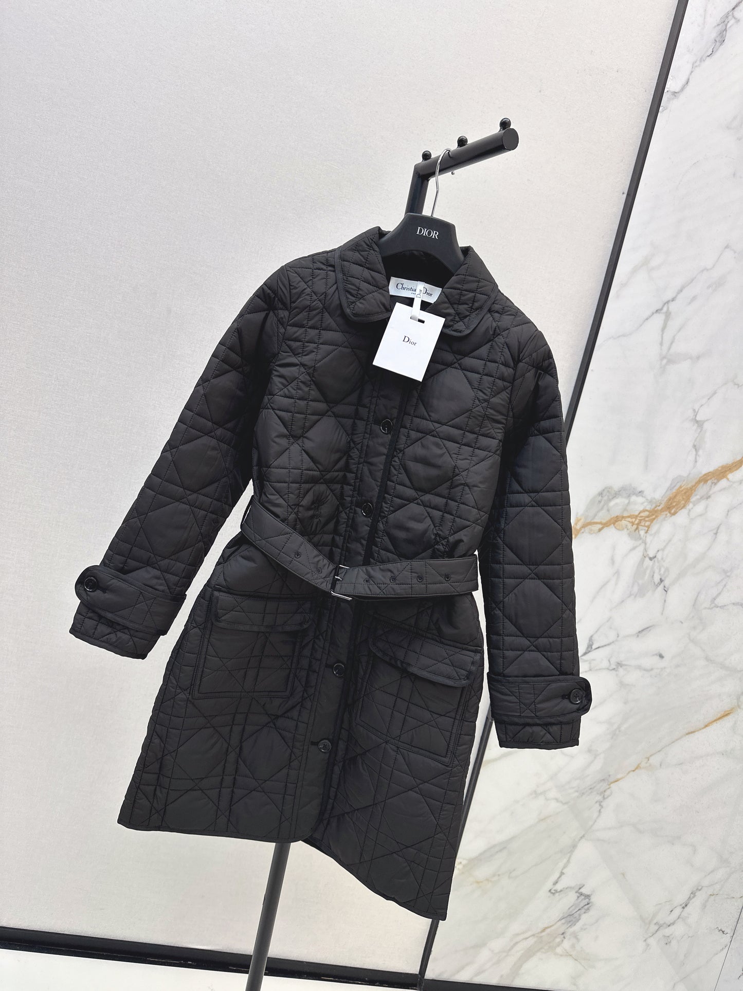 Di 25 Princess Diana rattan check quilted lapel long coat(Khaki/balck)