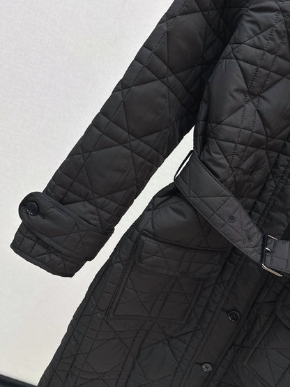 Di 25 Princess Diana rattan check quilted lapel long coat(Khaki/balck)