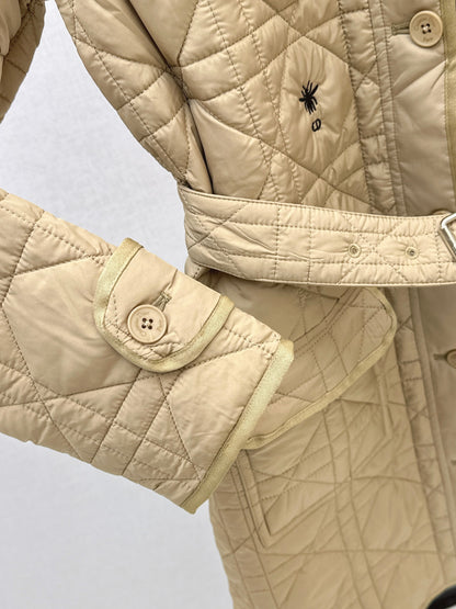 Di 25 Princess Diana rattan check quilted lapel long coat(Khaki/balck)
