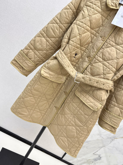 Di 25 Princess Diana rattan check quilted lapel long coat(Khaki/balck)