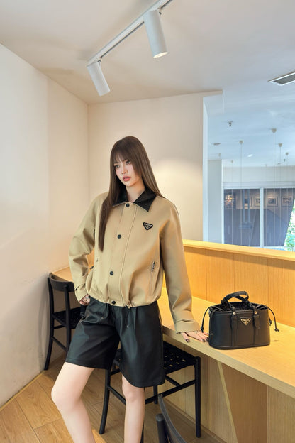 Pra 25 Pu leather lapel short coat