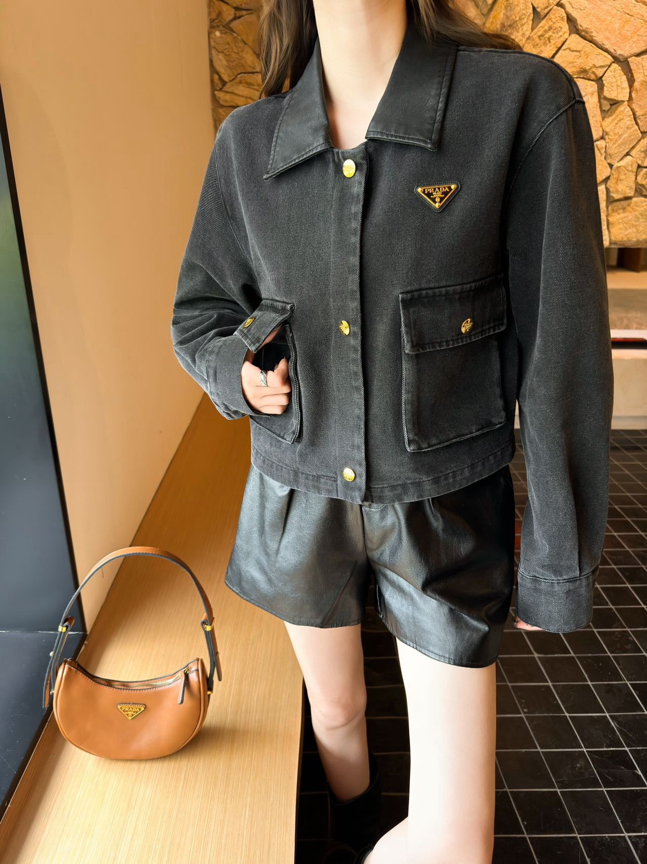 Pra 25 Pu leather lapel denim jacket