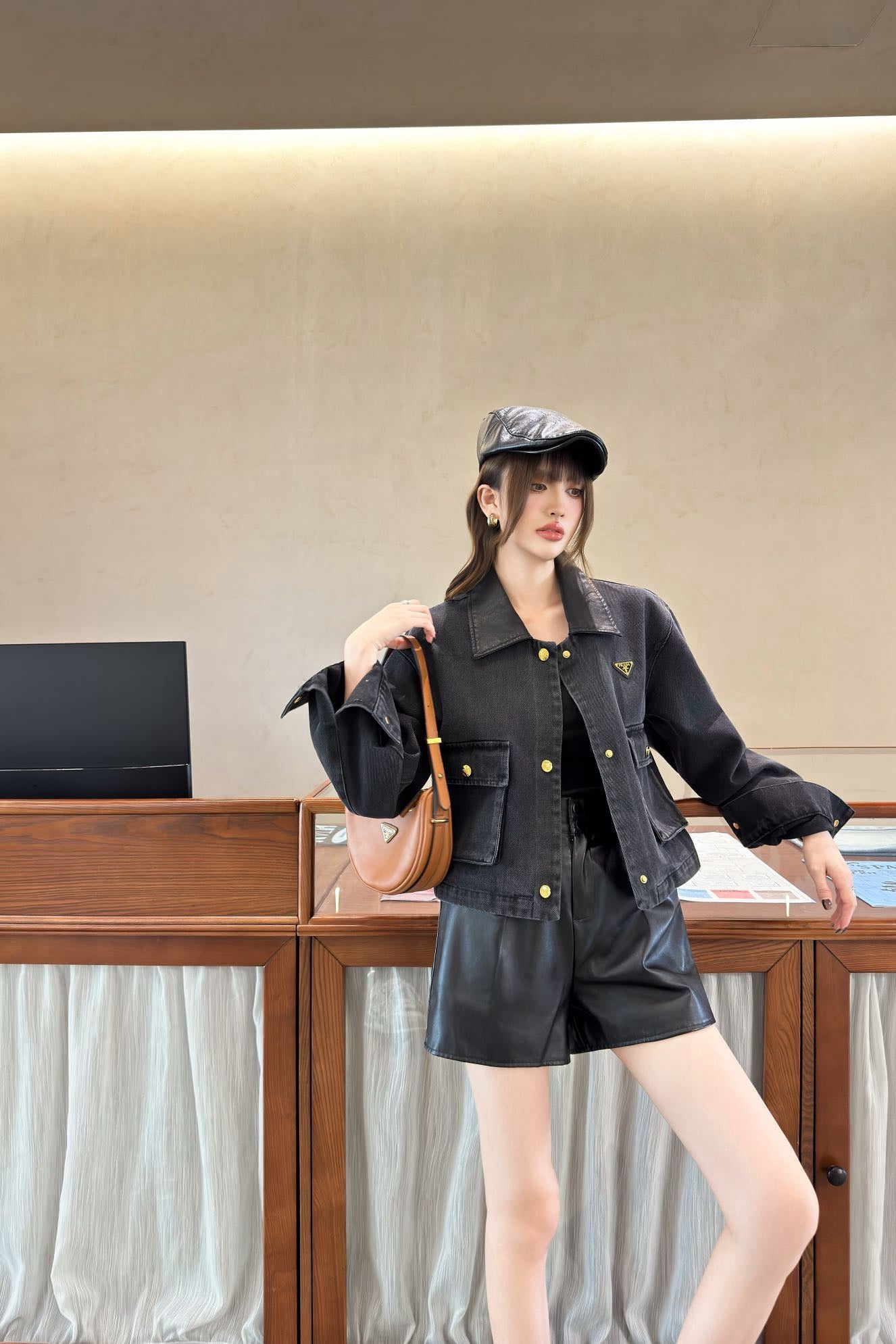 Pra 25 Pu leather lapel denim jacket