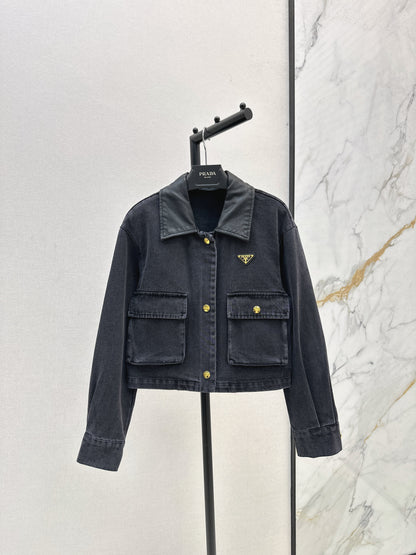 Pra 25 Pu leather lapel denim jacket