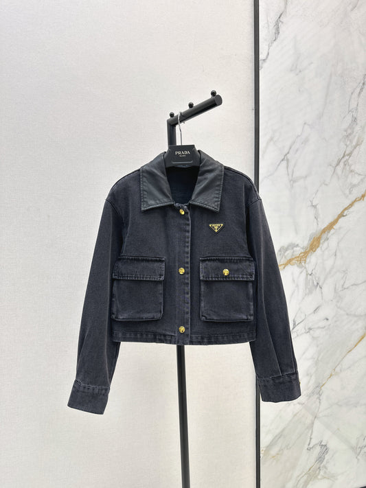 Pra 25 Pu leather lapel denim jacket