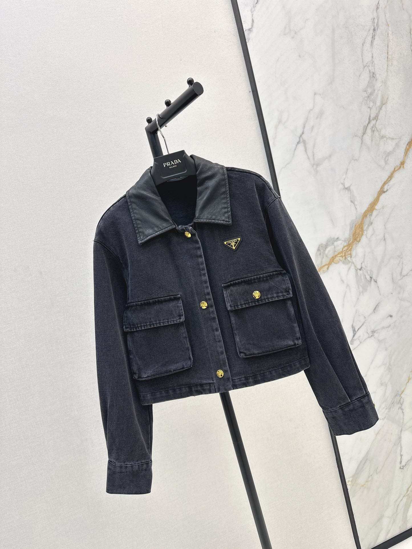 Pra 25 Pu leather lapel denim jacket