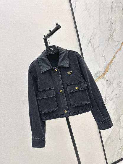 Pra 25 Pu leather lapel denim jacket