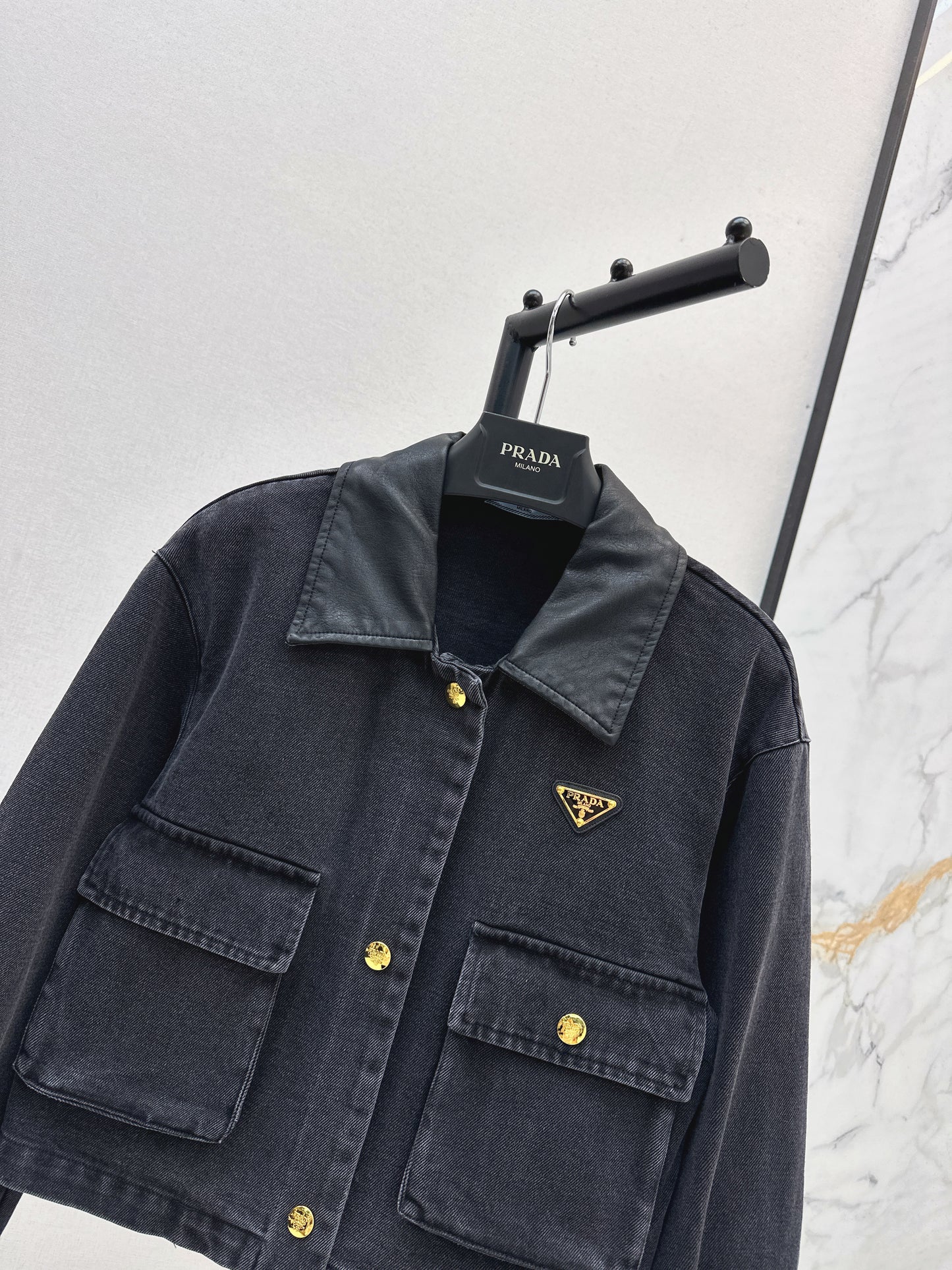 Pra 25 Pu leather lapel denim jacket