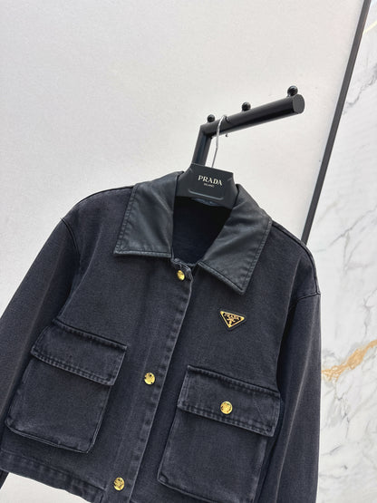 Pra 25 Pu leather lapel denim jacket
