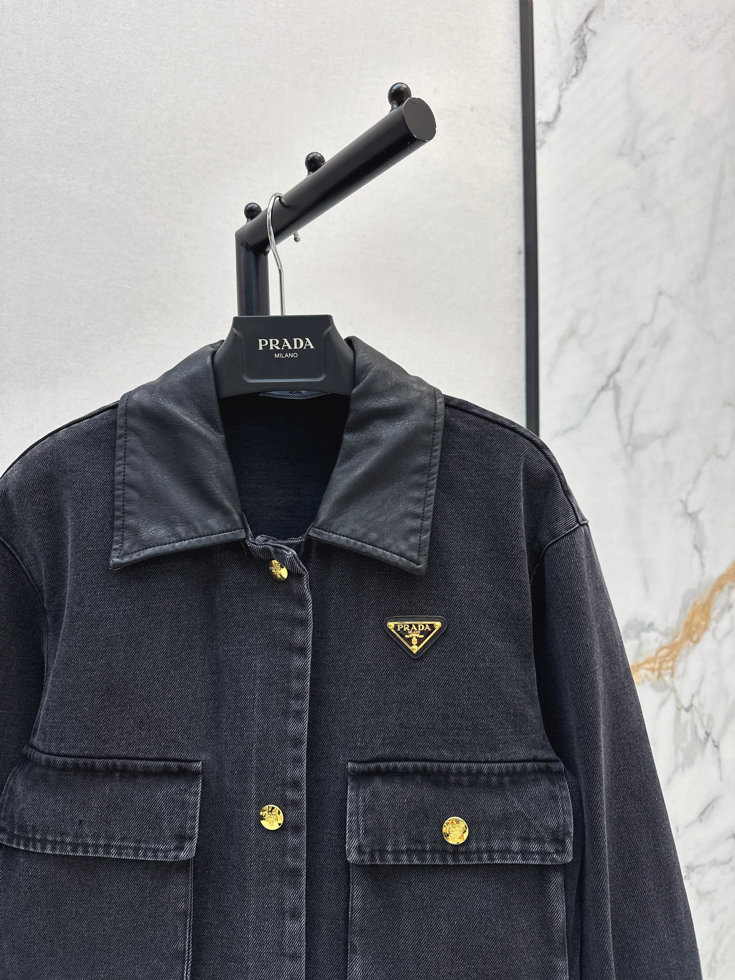 Pra 25 Pu leather lapel denim jacket
