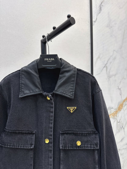 Pra 25 Pu leather lapel denim jacket