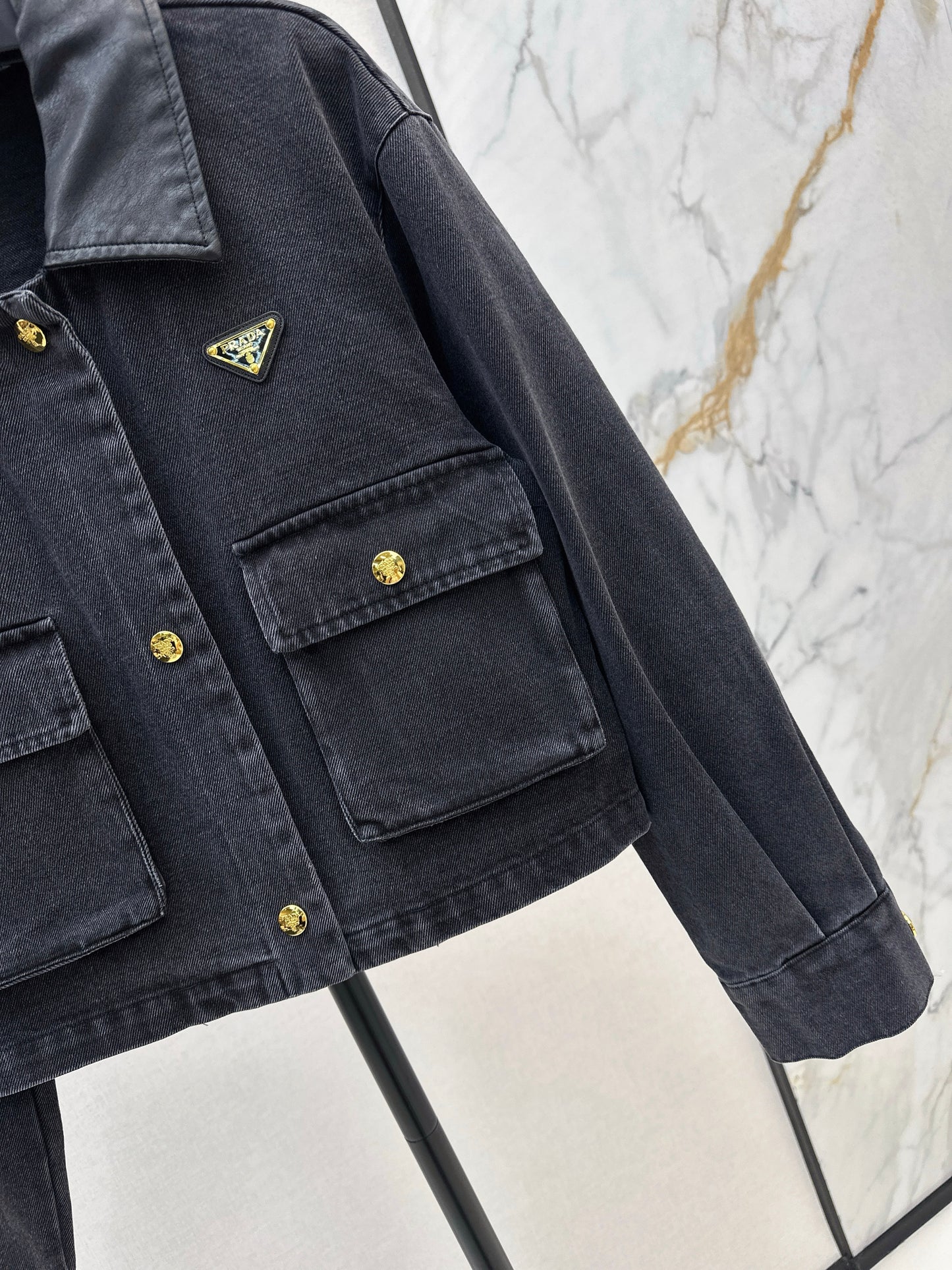Pra 25 Pu leather lapel denim jacket