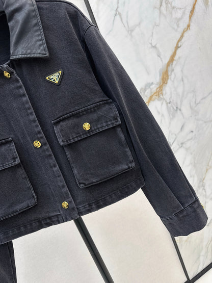 Pra 25 Pu leather lapel denim jacket