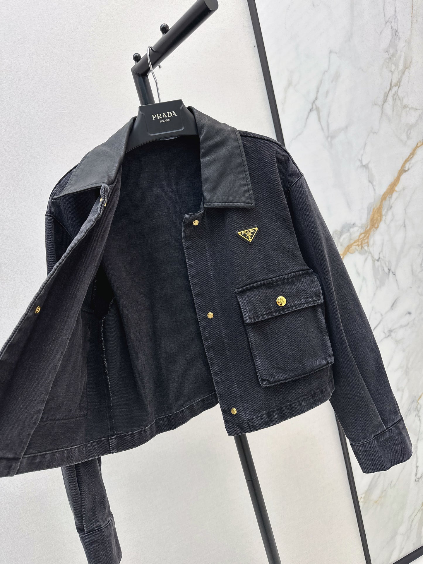 Pra 25 Pu leather lapel denim jacket