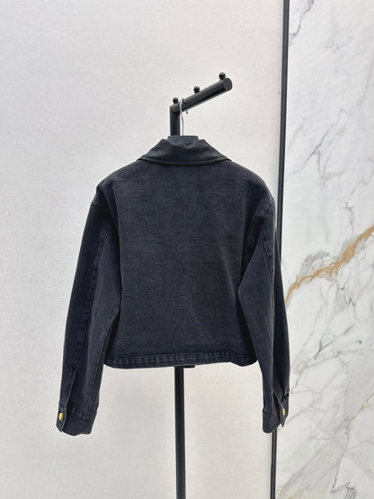 Pra 25 Pu leather lapel denim jacket
