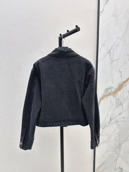 Pra 25 Pu leather lapel denim jacket