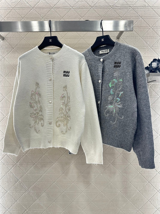 Mi 25 Round neck embroidered sequined knitted cardigan