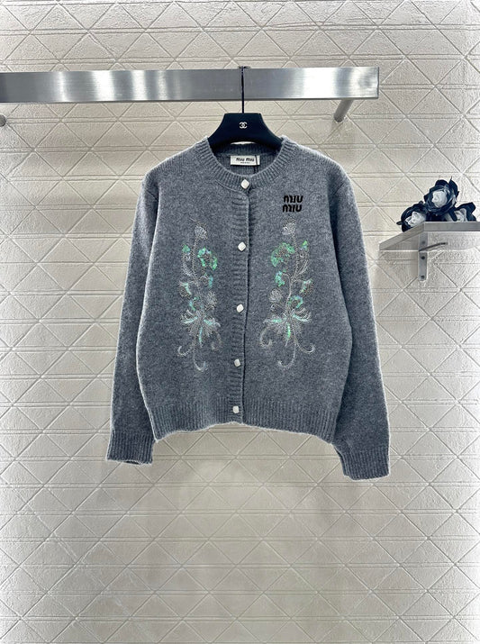 Mi 25 Round neck embroidered sequined knitted cardigan